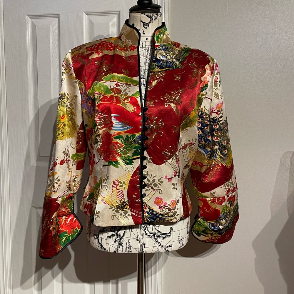 NWOT JS Collection Silk Floral indie Mandarin Mock Button Tailored vibrant 16